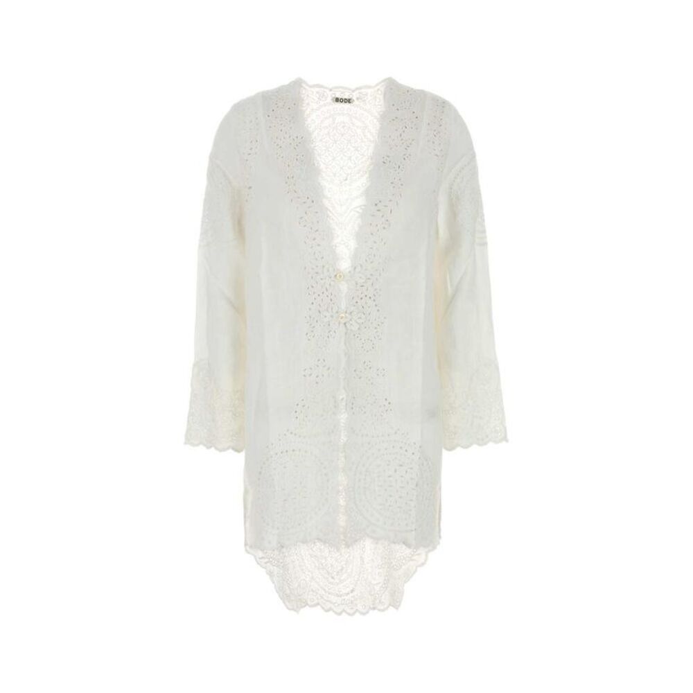 BODE Embroidered Cotton Open Front Cardigan Women WHITE T-Shirts & Tops